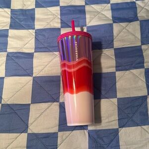 Starbucks 24 ounce pink, white, red & silver tumbler for cold drinks